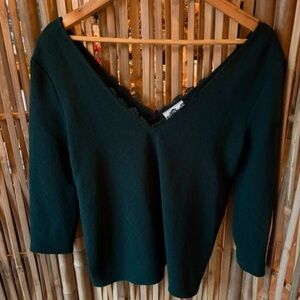 Sezane Adele blouse in emerald green with deep V lace trim / gold buttons